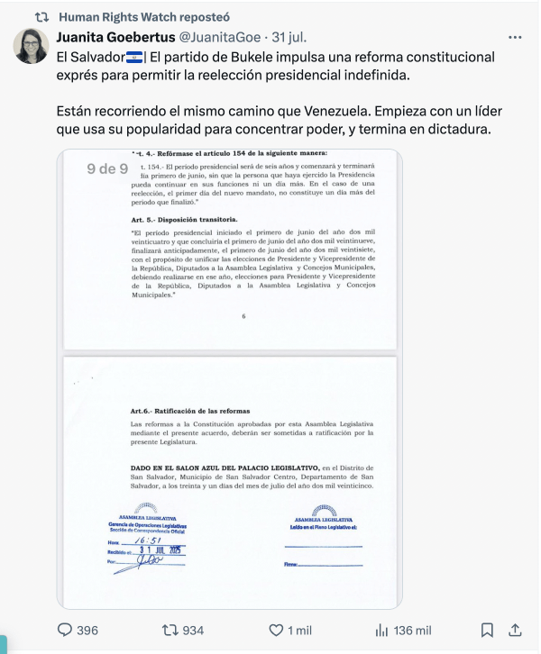 Bukele difunde dato falso: el 90% de los países desarrollados no permiten reelección indefinida 2 Comentario de HRW sobre la reforma de Bukele