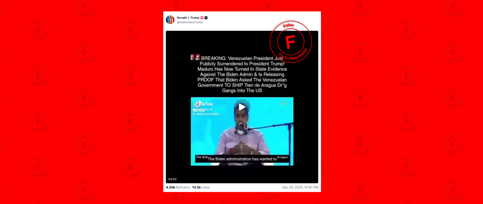 No, Maduro no dice que se rinde ante Trump en este video; fue grabado en febrero de 2025