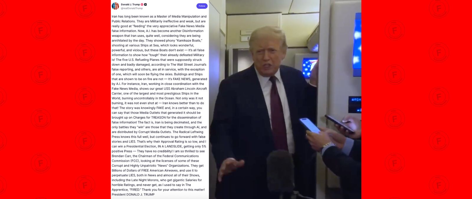 Trump acusa falsamente a los medios estadounidenses de divulgar contenido generado con IA que favorece a Irán