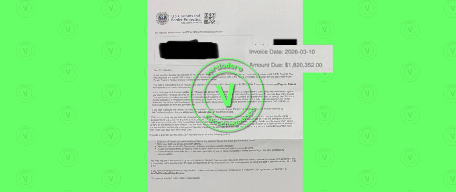 Sí, esta carta de CBP en la que informa sobre una multa de más de 1.8 millones de dólares es real, coinciden expertos