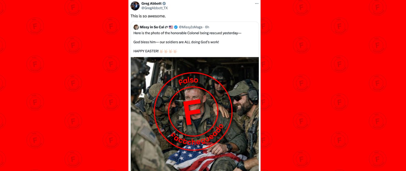 No, esta imagen que divulgó el gobernador de Texas no es una foto real del piloto estadounidense rescatado en Irán: fue creada con IA