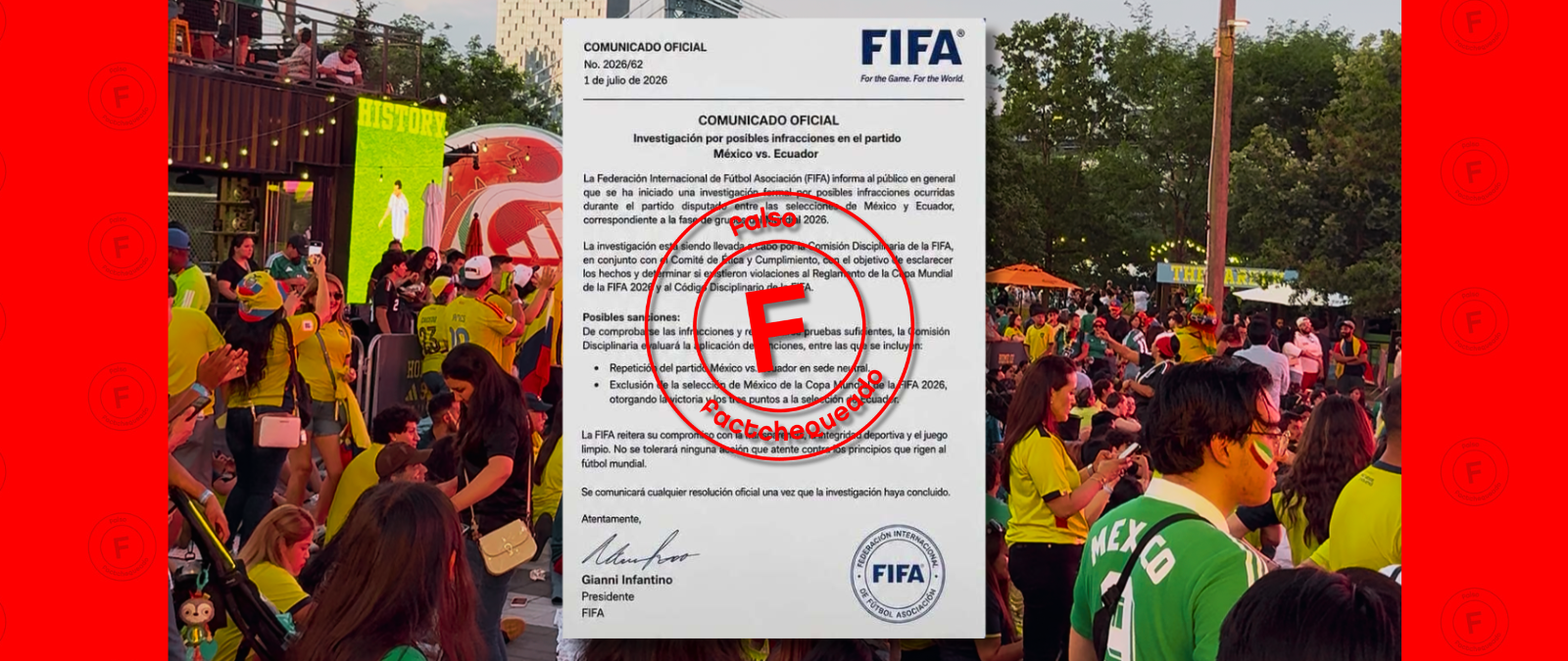 No, la FIFA no publicó este comunicado sobre una supuesta investigación del partido México vs Ecuador; es una imagen creada con IA