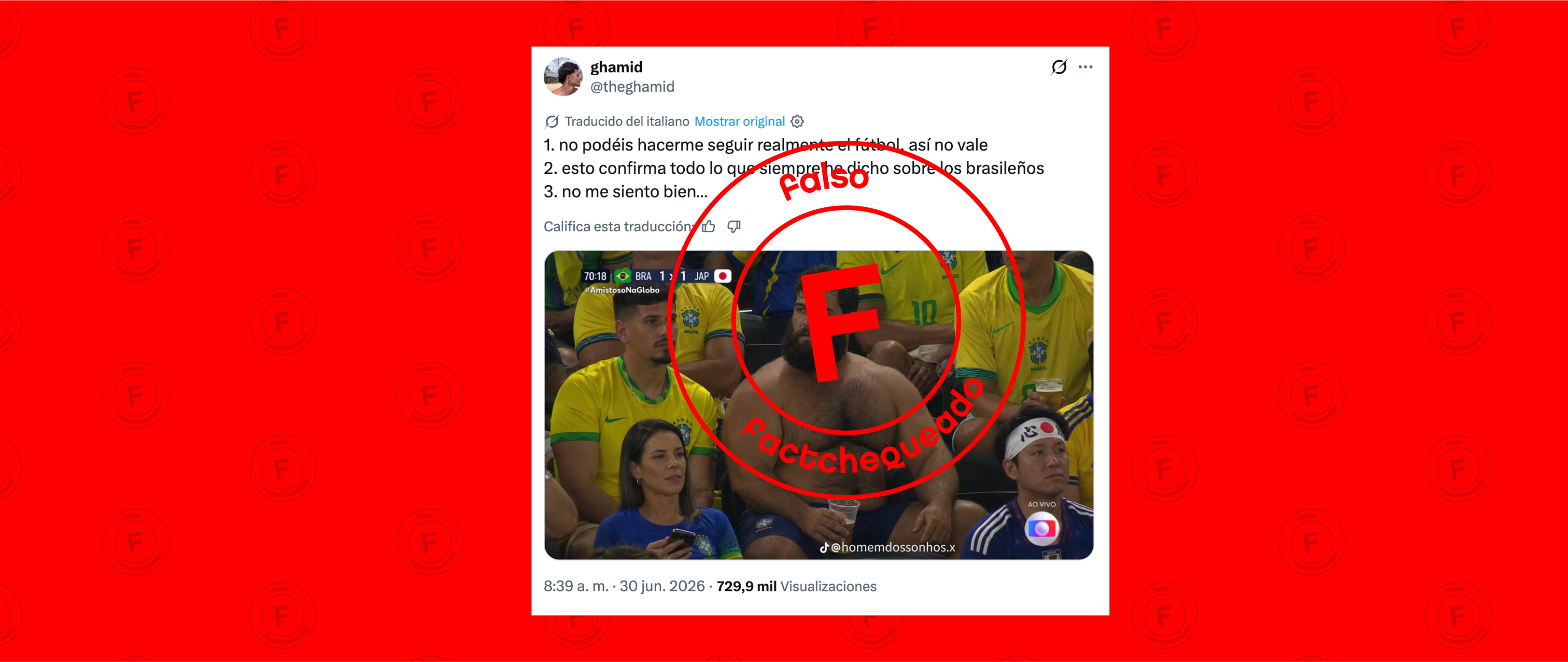 No, esta imagen de un aficionado brasileño sin camiseta en el Brasil-Japón del Mundial no es real: ha sido generada con IA
