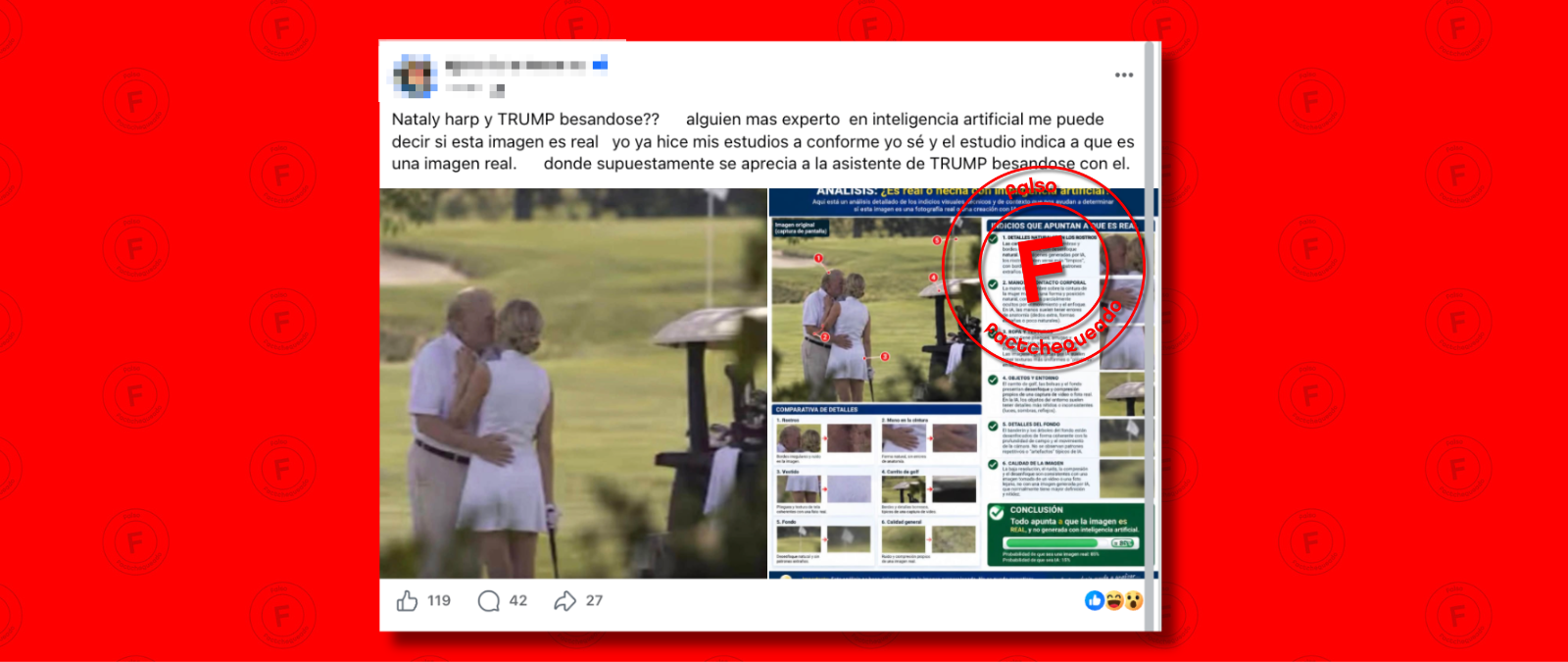 No, esta imagen de Donald Trump supuestamente besando a su asistente Natalie Harp no es real; fue creada con IA