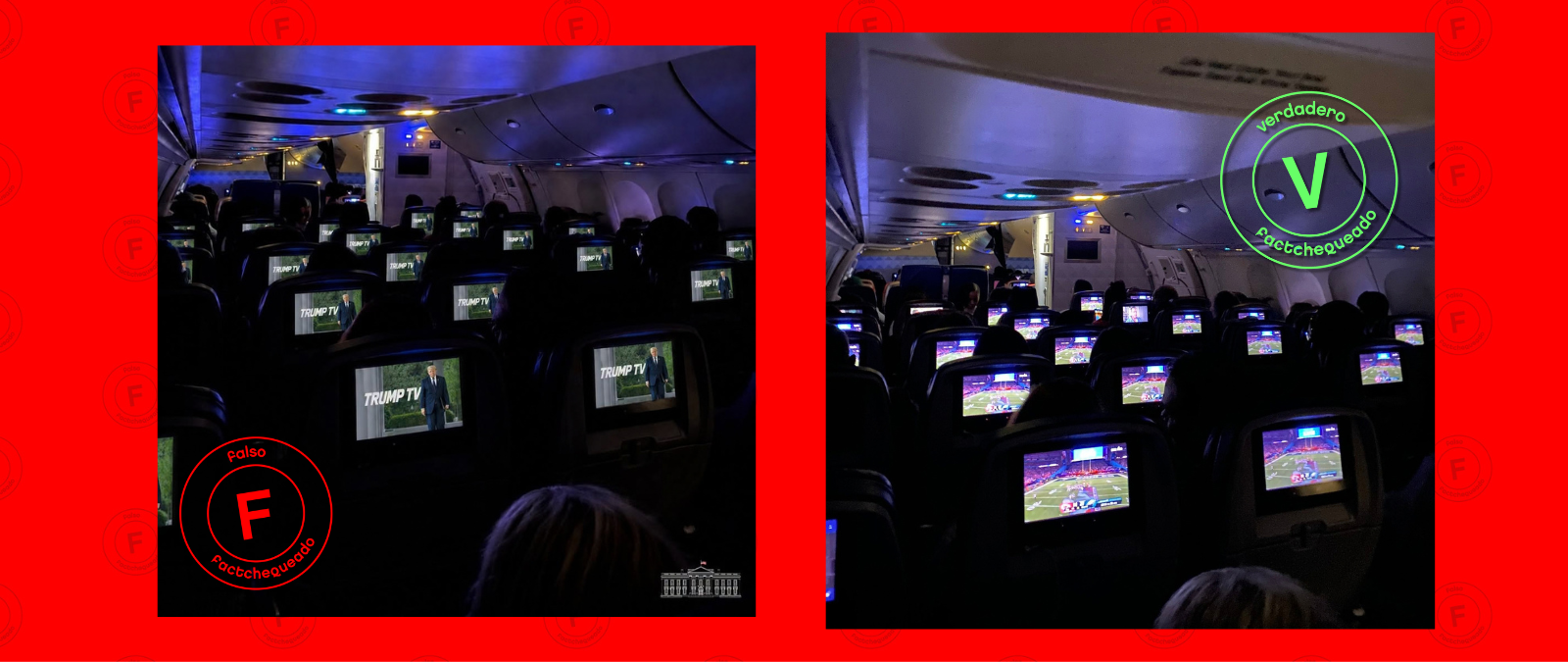 No, los pasajeros de un avión que aparecen en esta imagen no estaban viendo Trump TV: es un montaje de una imagen de 2023