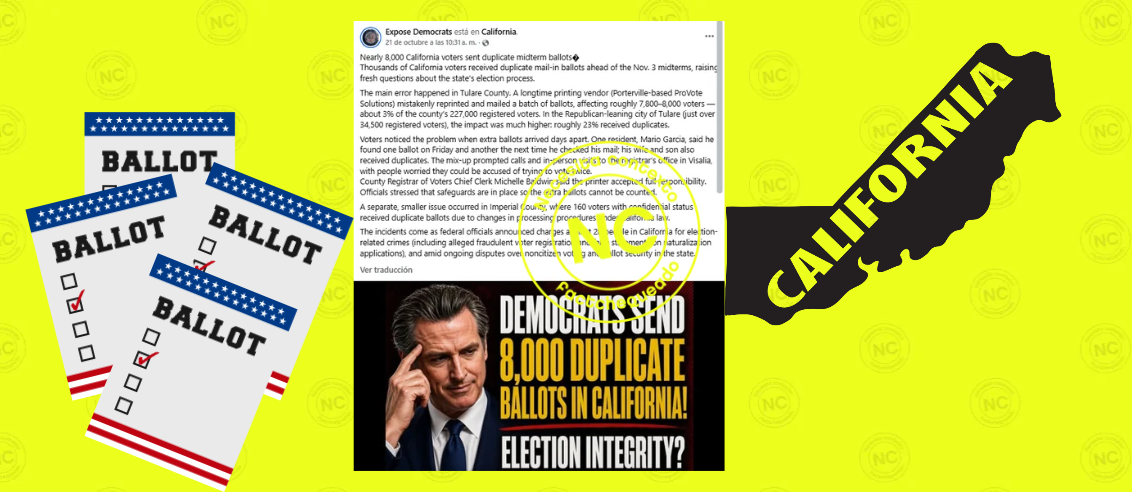 Necesita contexto la publicación que cuestiona la integridad electoral por el envío de papeletas duplicadas en Tulare, California